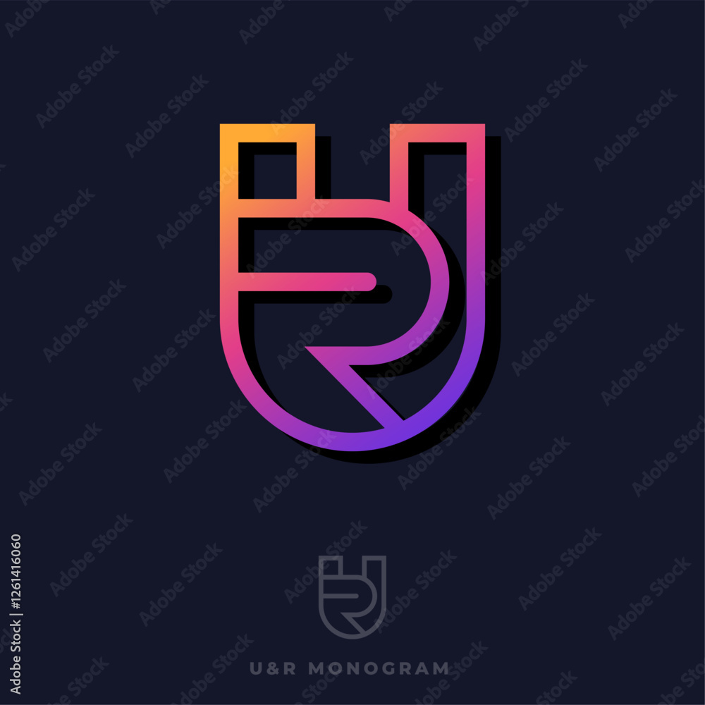 Aufkleber ru logo. monogram consists of letters r and u as a shield. gradient color.