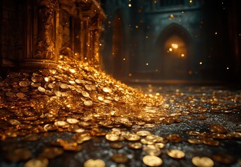 Glimmering Treasure of Gold Coins Piled Beneath Ancient Architecture in a Dark Enchanted Setting with Mystical Lighting Effects and Dust Particles