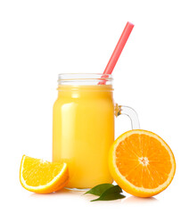 Mason jar of tasty juice with straw, oranges and leaves on white background