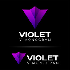 Violet logo. Letter V monogram as origami shape. Abstract emblem. Emblem for business, internet, online shop, label or packaging.