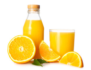 Glass and bottle of tasty juice with oranges on white background