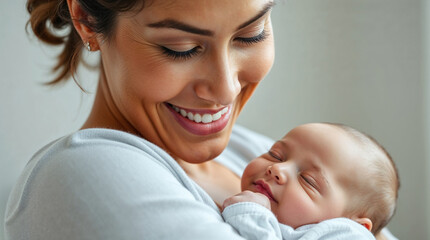 happy mum holding sleeping infant child on hands. Mother hugging her little 2 months old son