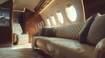 High-End Private Jet with Opulent Interiors and Advanced Amenities: Elegant Cabin Design, Luxurious Seating, and Panoramic Sky Views for Exclusive Air Travel Promotion