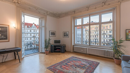 Elegant Prague apartment interior with city view, balcony access, hardwood floors, and ornate molding; ideal for real estate listings