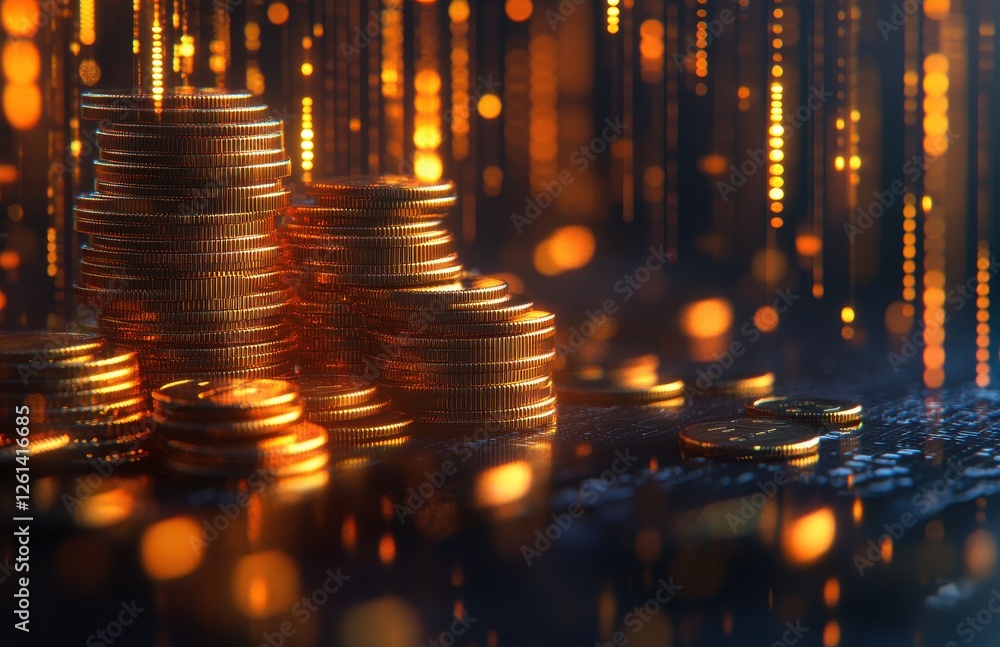Aufkleber golden coins stacked on a dark surface with glowing binary code background for financial technology 
