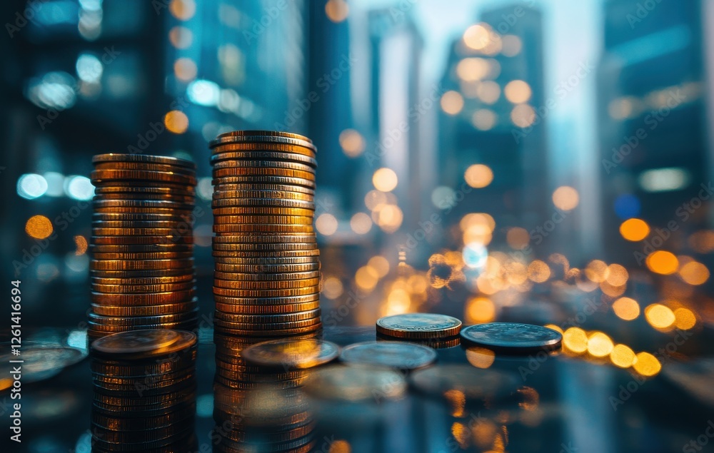 Aufkleber golden coins stacked on reflective surface with urban background and bokeh lights creating a vibrant