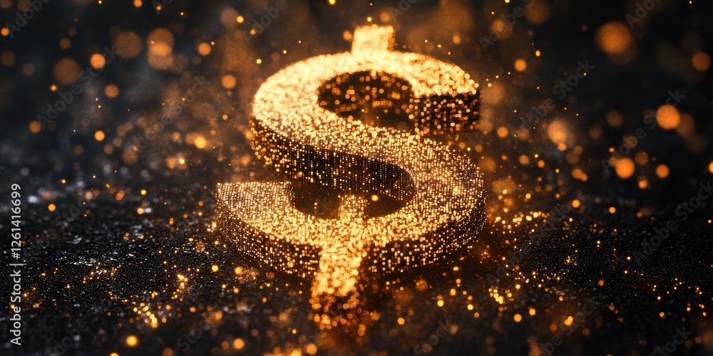 Poster golden dollar sign with sparkling particles on dark background creating a luxurious and wealthy atmo