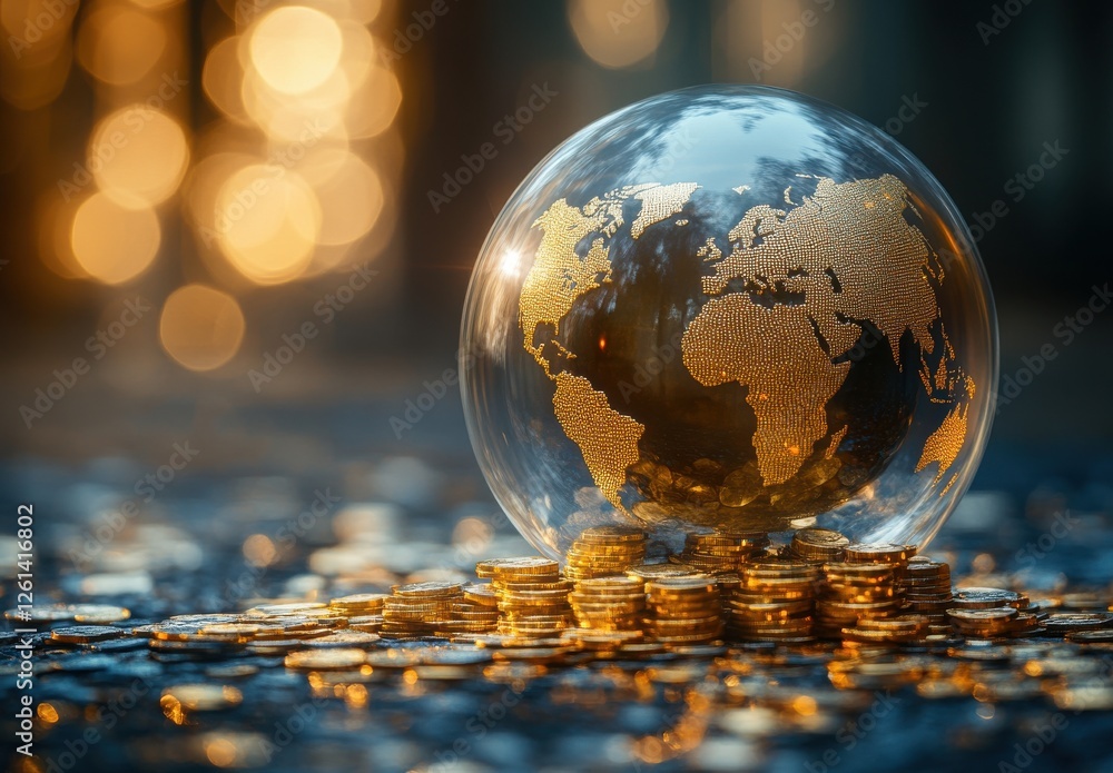 Poster golden globe reflecting world map on pile of coins with bokeh background showcasing wealth and prosp
