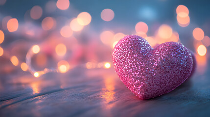 Obraz premium Romantic Valentine's Day Background with a Sparkling Pink Heart on a Wooden Surface and Warm Bokeh Lights – Elegant Love-Themed Scene for Greeting Cards, Wedding Invitations, and Festive Designs