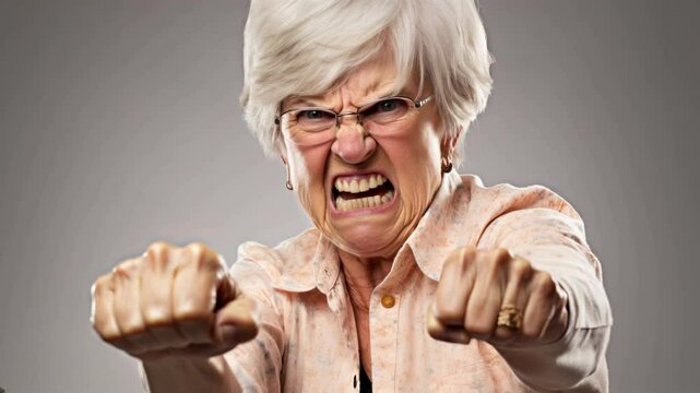 Angry belligerent senior woman looking at the camera	
