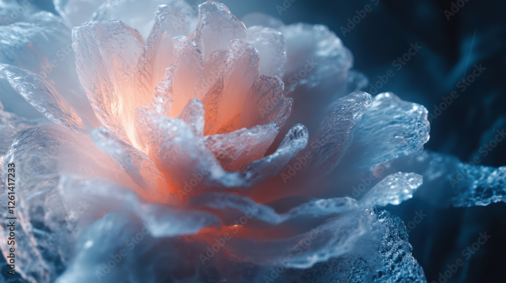 Poster stunning ice rose with soft white glow, showcasing intricate petals and captivating light emanating 