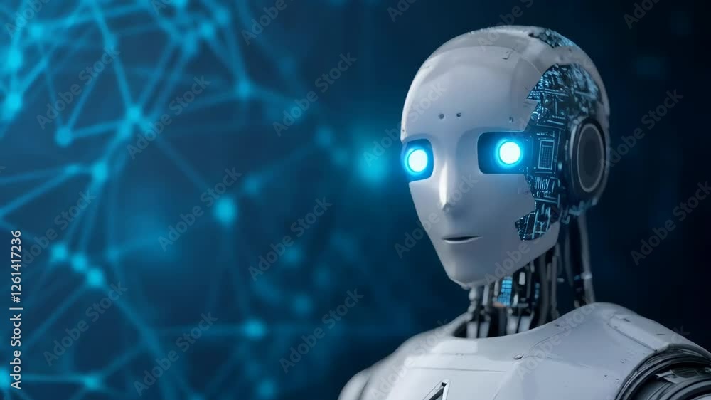 Poster humanoid robot with glowing blue eyes on digital network background. artificial intelligence and mac