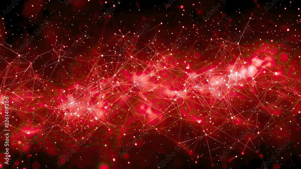 Aufkleber red cosmic network: abstract space galaxy art, celestial nodes connection visualization