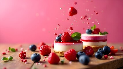 strawberry mousse cake, cheesecake on table with floating berries , pink background, empty space in the left 