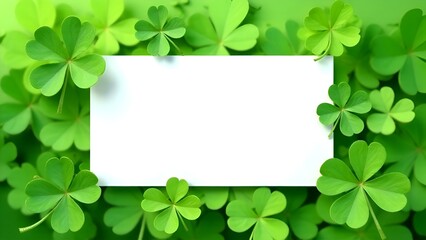  white rectangular card placed on a vibrant green background filled with fresh shamrock leaves. The card is empty, making it ideal for adding text or messages. St. Patrick’s Day themes.