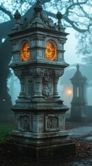Obraz premium Illuminated clock tower, misty park, autumn leaves.