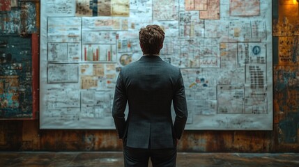 Fototapeta premium Man in suit reviews complex data wall