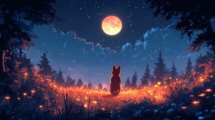 Fototapeta premium Lone dog gazes at moonlit forest.
