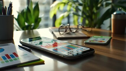 Mobile Analytics Dashboard on Wooden Desk: Business Data Visualization - Powered by Adobe