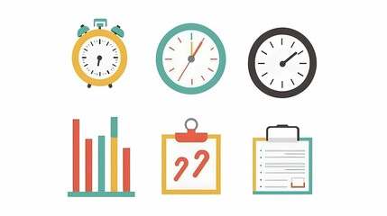 Colorful flat design icons representing time management tools like clocks, alarm clock, charts, and clipboard
