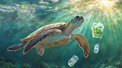 Obraz premium Sea turtle swims through plastic debris, ocean pollution concept