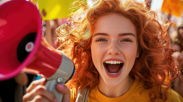 Passionate young woman with fiery red hair, shouting with megaphone at lively protest. Her enthusiasm is contagious