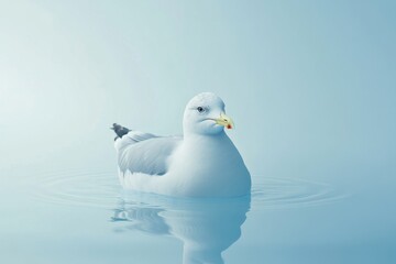 Seagull gently floats on water surface with reflections