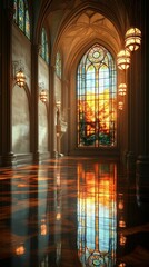 Fototapeta premium Grand hall, stained glass window, reflective floor, warm light.