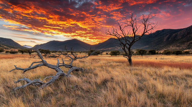 Dramatic sunset over mountains with dead trees and golden grassland