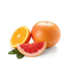 Different cut citrus fruits with leaves on white background
