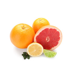 Different cut citrus fruits with leaves on white background