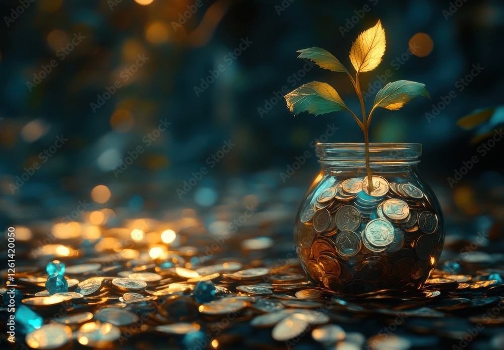 Aufkleber growth of wealth symbolized by a green plant emerging from a jar of coins in a dreamlike setting wit