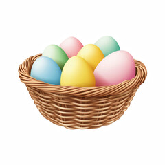 Colorful speckled Easter eggs in woven basket isolated on transparent background. Generative Ai.
