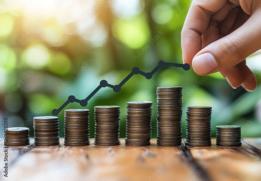 Poster hand placing a coin on top of stack of coins with line graph in background representing financial gr