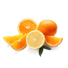 Different cut citrus fruits and leaves on white background