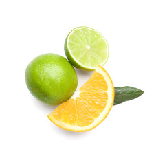 Ripe citrus fruits and leaves on white background