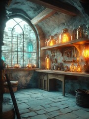 Enchanting alchemist's workshop glows warmly