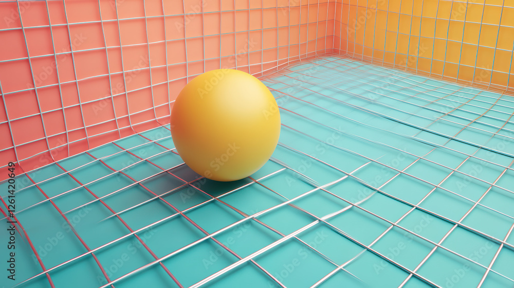 Poster vibrant 3d rendering featuring yellow sphere on grid surface, surrounded by colorful backgrounds. sc