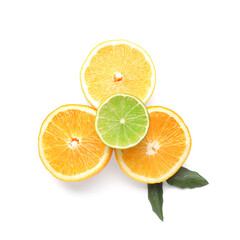 Halves of different citrus fruits with leaves on white background
