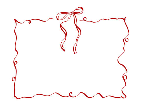 Girly Ribbon Bow frame of hand drawn line art style. Coquette cute birthday border for Valentine day cards, menu and Wedding invitations templates. Doodle flourish vector illustration