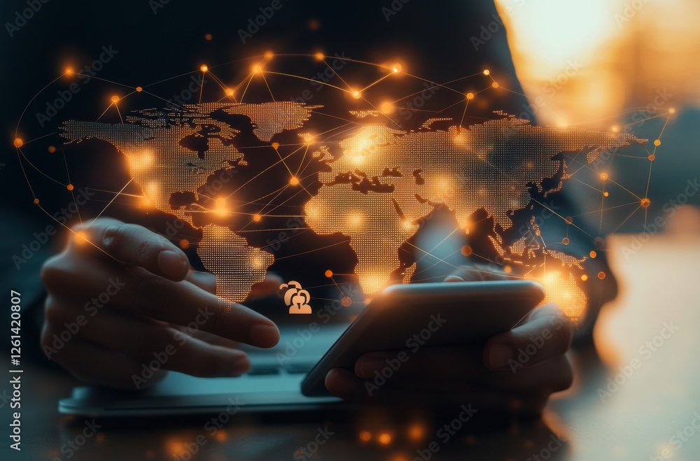Poster Hands holding smartphone with illuminated world map background and glowing connections representing global digital networking and communication trends