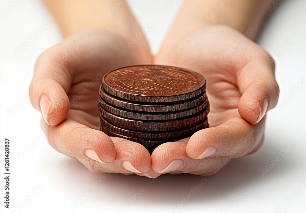 Poster hands holding stacked coins in a display of financial growth and wealth representation on a light ba