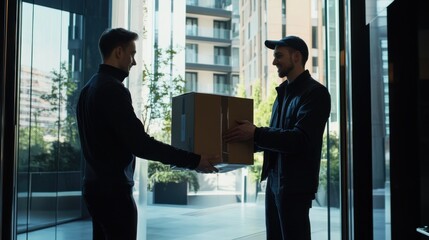 Premium Courier Service: Delivering a Package to a Concierge in a Luxury Apartment Lobby, Emphasizing High-End Delivery and Secure Handling in an Upscale Residential Building