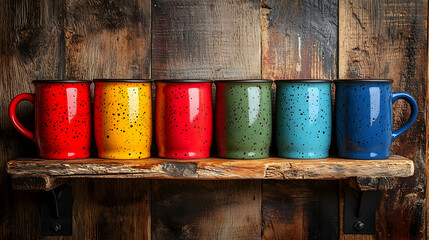 Fototapeta premium Colorful mugs on rustic wood shelf, against wooden wall, for cafe or kitchen decor