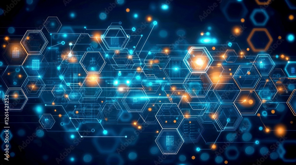 Poster abstract digital network: futuristic technology and global connections, illuminated hexagons and dat