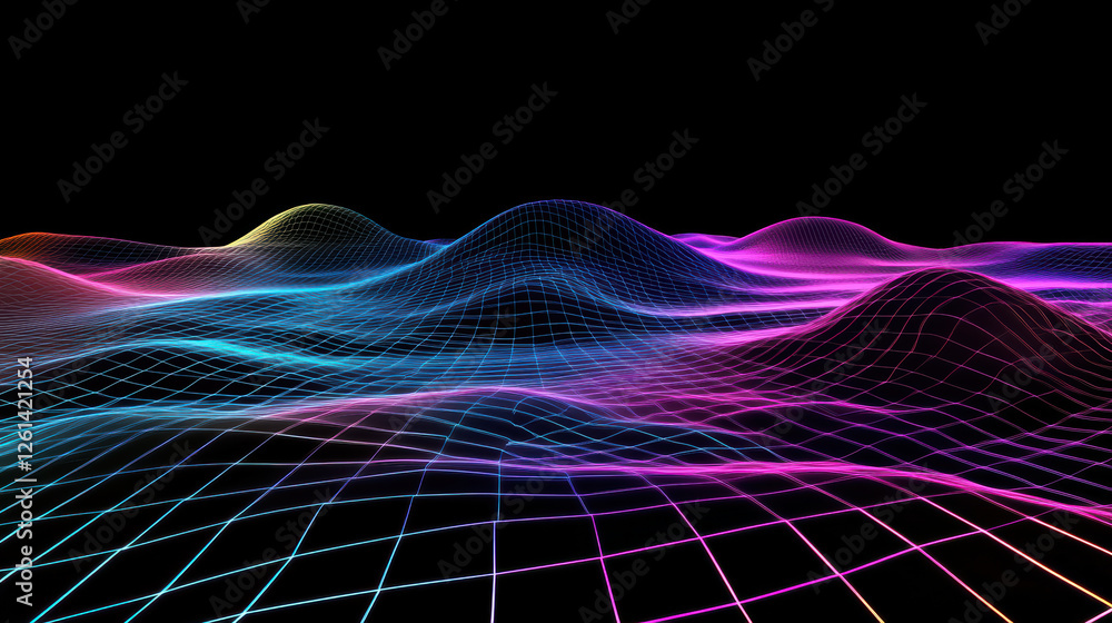 Poster vibrant 3d rendering of abstract waves in grid space, showcasing colorful gradients of blue, pink, a