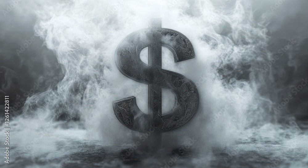 Poster mysterious dollar symbol emerges from swirling smoke creating an atmosphere of intrigue and financia