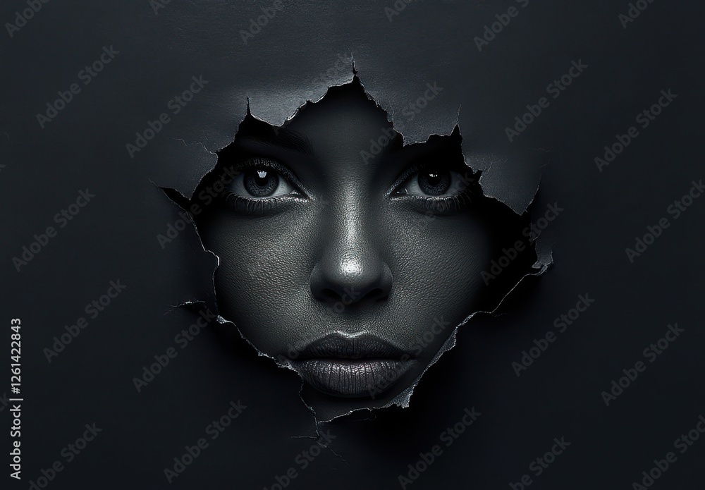 Poster mysterious woman emerging from dark background with torn paper frame and intense gaze, showcasing de