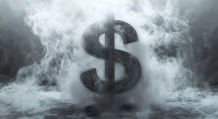 Mysterious dollar symbol emerges from swirling smoke creating an atmosphere of intrigue and financial concepts in an artistic and dramatic composition