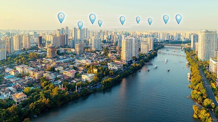 Fototapeta premium Breathtaking Aerial View of a Modern City Skyline with River and Highrises, Showing Urban Development and Cityscape.
